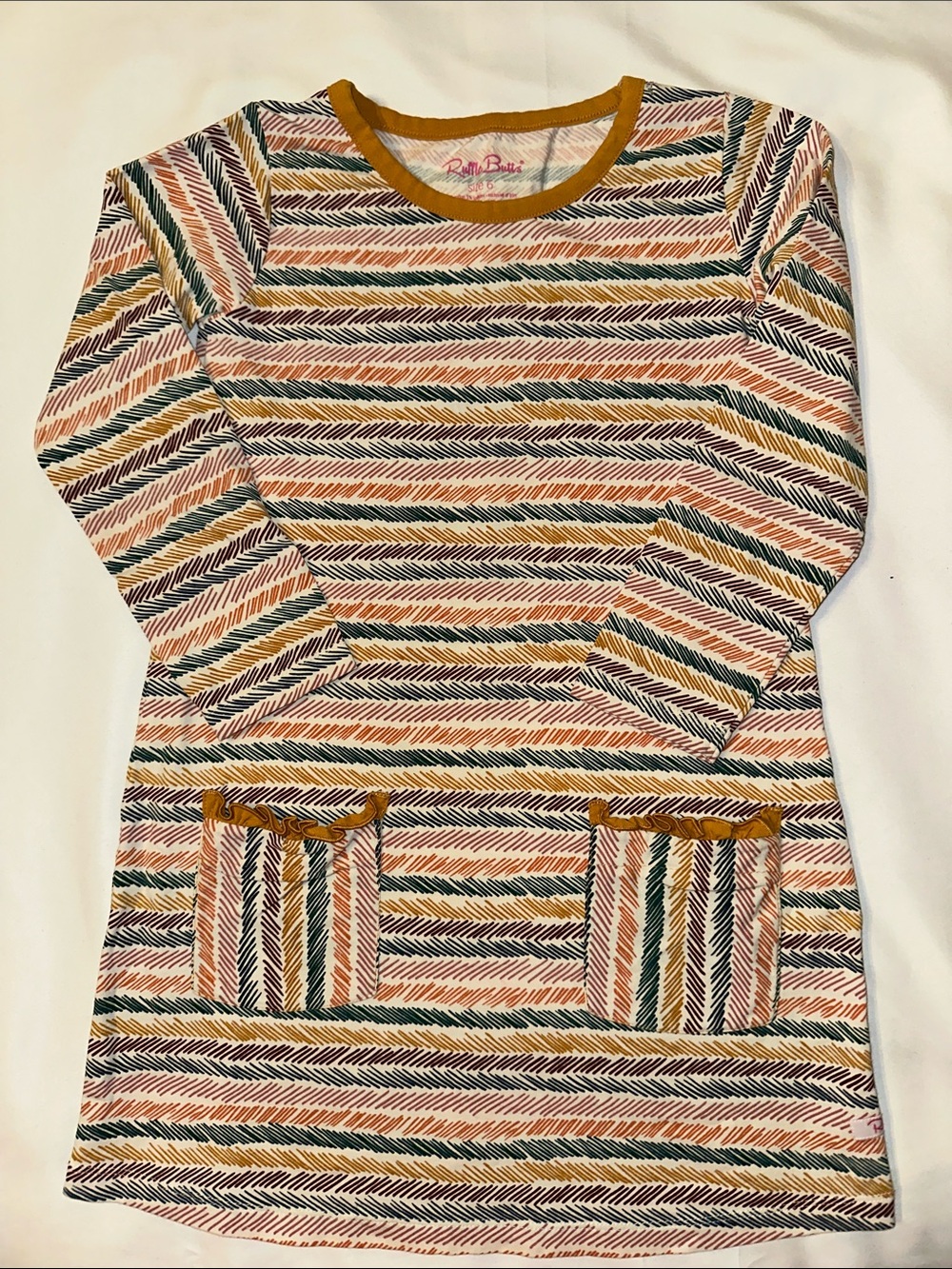 Ruffle Butts Multicolor Striped Long Sleeve Dress - Dark Gold Trim - Girls 6 -